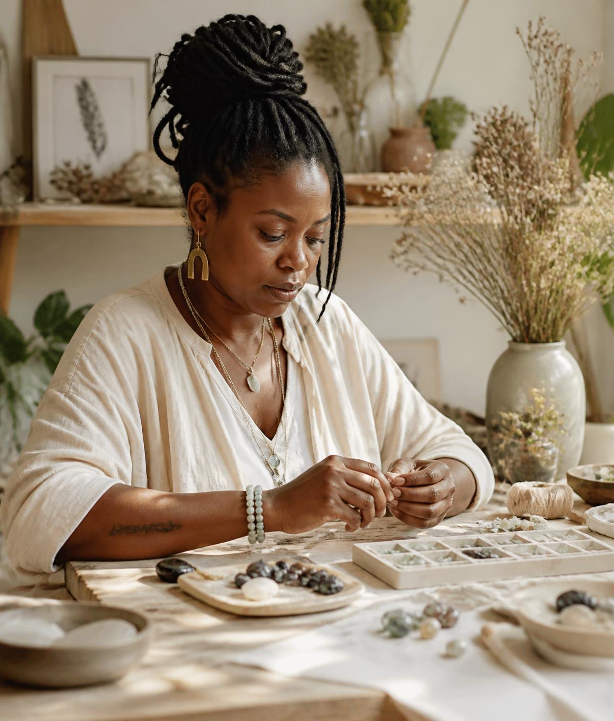 Imani Rayy working with gemstones in her studio